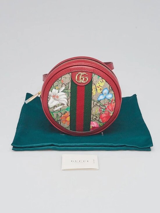 Gucci Red Leather GG Flora Coated Canvas Ophidia Round Mini Backpack Bag